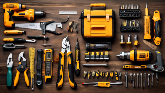 Create an image of a contractor's professional tool set neatly organized on a workbench, showcasing a variety of high-quality tools such as power drills, hammers, screwdrivers, measuring tape, saws, and safety gear. The tools should be gleaming with 
