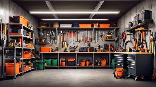 Create an image of a garage with high-quality, rust-resistant storage shelves placed neatly along the walls. The shelves should be sturdy and spacious, displaying various tools, bins, and other items commonly found in a garage. The shelves should be 