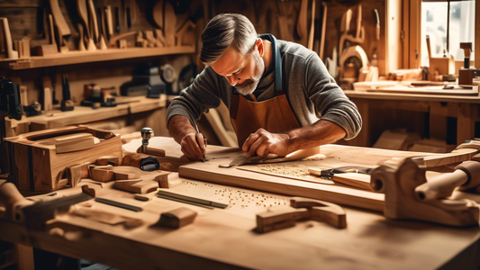 Create an image of a beginner carpenter working on a beautifully intricate wooden design, surrounded by their tools and materials in a well-lit workshop. Show the craftsman in the process of carving or shaping the wood with focused concentration, cap