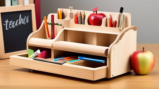 Create an image of a whimsical, handcrafted wooden desk organizer designed specifically for teachers. The organizer should feature multiple compartments for holding pens, markers, notepads, and other classroom supplies, with quirky details like minia