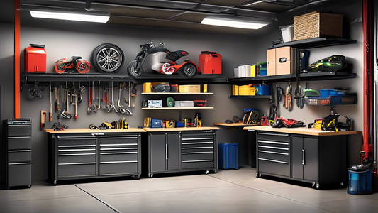 Create an image of a garage interior showcasing a variety of innovative storage lift systems in action, utilizing different types of equipment and organization units to maximize space efficiency and promote tidiness. Each lift system should be clearl