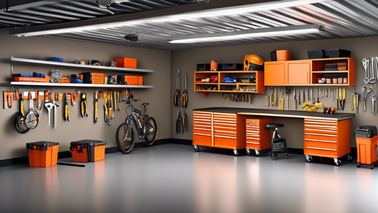 Create an image of a garage with various storage solutions on the ceiling tailored specifically for contractors, such as heavy-duty shelves, overhead racks, hanging hooks for tools, and labeled bins for easy access and organization. The garage should