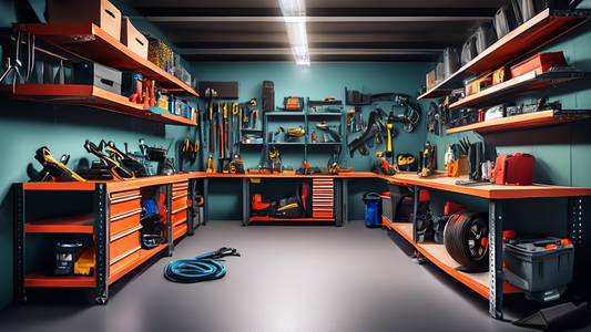 Create an image of a well-organized garage with various garage shelving systems filled with tools and equipment. The shelving systems should be labeled and neatly arranged, showcasing an efficient and effective tool organization setup.
