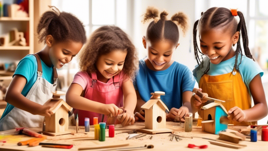 Create an image that showcases a group of children happily working on various woodworking projects together. Each child is engrossed in their own activity, whether it's hammering nails into a birdhouse, painting a small wooden car, or sanding down a 