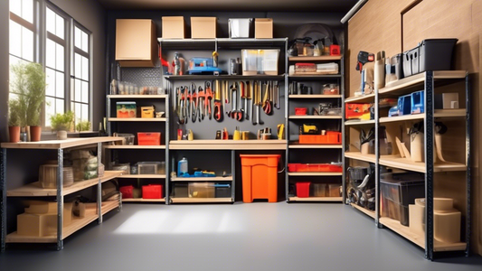 Create an image of a garage with cleverly organized and space-efficient DIY shelving ideas. Show sturdy shelves made of recycled materials, maximizing storage space while keeping tools and equipment easily accessible. Be sure to showcase different sh