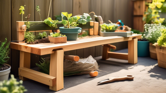 Create an image of a beginner-friendly outdoor project, like building a simple wooden bench or setting up a small vegetable garden, with easy-to-follow step-by-step instructions visible in the background. Show a variety of basic tools and materials n