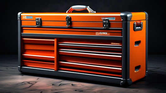 Create an image of a sleek and sturdy tool box, designed to withstand wear and tear, featuring multiple compartments and a secure locking system, perfect for organizing and storing various tools and equipment in a garage or workshop setting.