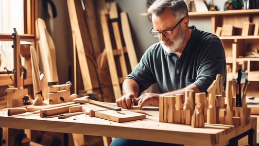 Create an image of a parent learning woodworking online, surrounded by tools, woodblocks, and a computer showing a woodworking tutorial. The parent is looking focused and determined to create something with their own hands. The image should convey th