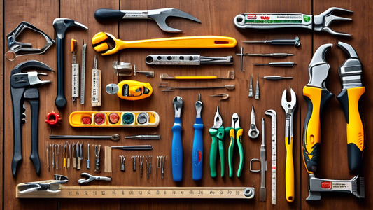 Create an image of a diverse collection of affordable tool sets laid out on a wooden workbench, showcasing a range of tools such as screwdrivers, hammers, wrenches, pliers, and measuring tapes. Each tool set should be brightly colored and labeled wit