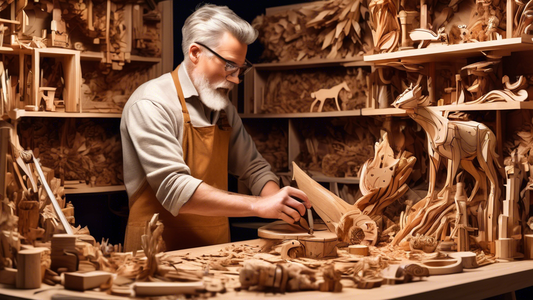 Create an image of a person skillfully crafting a unique, intricate wooden sculpture using various woodworking tools and techniques. The person is fully immersed in their work, surrounded by shavings of wood and different types of wood pieces. The sc