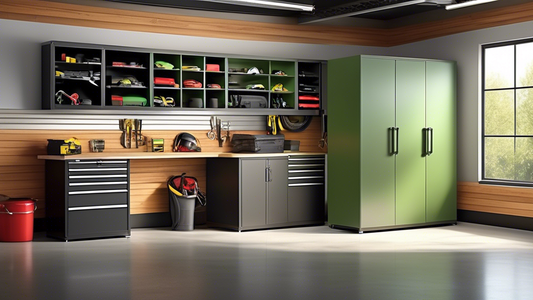 Create an image of a well-organized garage with sleek and creative cabinet solutions that optimize space usage. Include storage cabinets for tools, sports equipment, gardening supplies, and miscellaneous items, showcasing different organizational ide