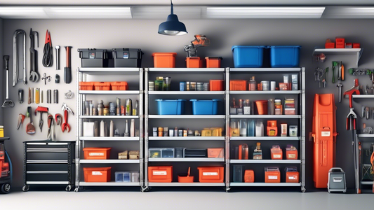 Create an image of a well-organized garage with various shelves and storage solutions, showcasing efficient organization ideas such as labeled bins, hooks for tools, clear containers for easy visibility, and a mix of open and closed storage units to 