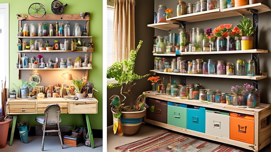 Create an image of a DIY workspace filled with colorful, upcycled materials and tools. Show shelves stocked with recycled jars, old fabric scraps, discarded wood pieces, and various other repurposed items ready to be transformed into unique, handcraf