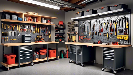Create an image of a neatly organized garage with a variety of top-of-the-line garage storage systems for tools. Show a pegboard with hanging tools, labeled storage bins, a workbench with tool cabinets, and shelves neatly stacked with toolboxes and s