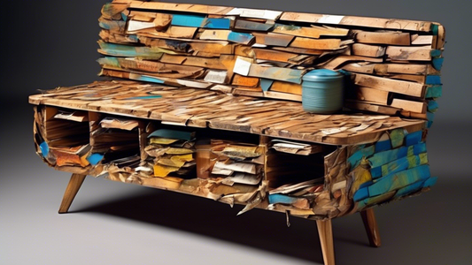 Create an image of a beautifully crafted piece of furniture made entirely from upcycled materials, showcasing the transformation of trash into a stunning treasure. The design should highlight the creativity and innovation of upcycling, emphasizing th