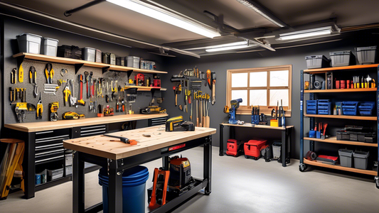 Create an image of a well-organized garage workshop with designated areas for tools, supplies, and equipment for contractors and DIYers. Include labeled storage solutions, tool racks, and workbenches to illustrate effective garage organization tips.