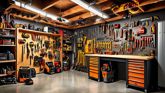 Create an image of a well-organized garage showcasing the best tool storage systems for DIY enthusiasts. The image should feature a variety of storage solutions such as tool cabinets, pegboards, wall-mounted racks, and shelving units filled with diff