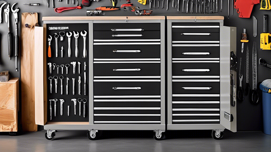 Create an image of a well-organized garage tool cabinet with multiple drawers and compartments, each labeled for different types of tools. The cabinet should feature a sturdy lock mechanism for security, showcasing its effectiveness in protecting val