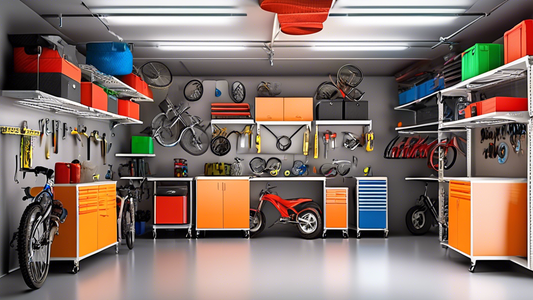 Create an image of a garage with innovative ceiling storage solutions that maximize space and efficiency. Show various options such as hanging racks, pulley systems, and shelves suspended from the ceiling, all neatly organized and utilized to their f