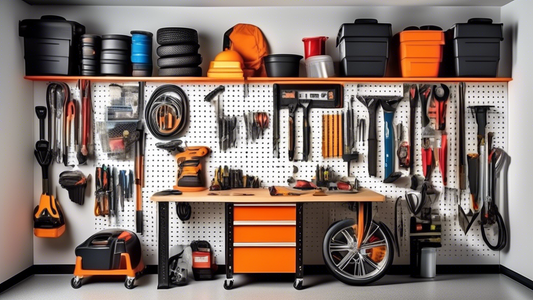 Create an image of a clutter-free garage with innovative wall storage solutions, showcasing organized tools, equipment, and belongings neatly arranged on hooks, shelves, and racks. The image should illustrate the convenience and efficiency of utilizi