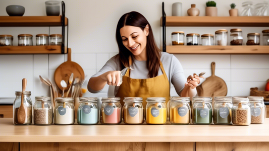 Create an image of a busy parent in their kitchen, transforming empty glass jars into stylish storage containers using creative upcycling hacks. The parent is seen painting the jars, adding decorative touches, and arranging them neatly on a shelf, de