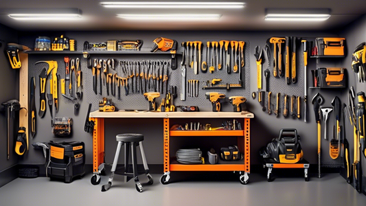 Create an image of a well-organized garage tool rack system that allows for quick and easy access to all tools. The rack should feature various storage solutions such as hooks, shelves, and compartments for different types of tools like hammers, scre