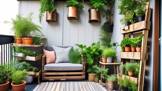 Create an image of a small urban balcony transformed into a lush garden oasis using upcycled materials. Show a variety of creative upcycled garden projects, such as vertical planters made from old wooden crates, a repurposed pallet turned into a herb