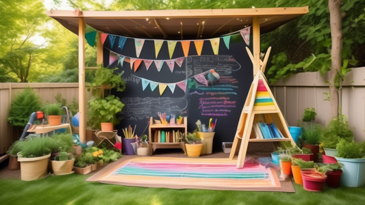 Create an image of a backyard transformed into an inspiring outdoor classroom for homeschoolers. The scene should include a chalkboard easel for lessons, a cozy reading nook under a leafy canopy, hanging school supplies organizer, and colorful buntin