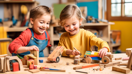 Create an image of children happily working on various woodworking projects, surrounded by colorful pieces of wood, tools, and safety equipment. Show them building a birdhouse, a small bench, and a toy car, all with big smiles on their faces. The set
