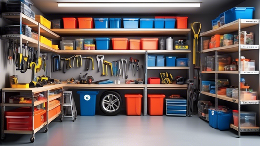 Create an image of a neatly organized garage, featuring top-rated storage containers neatly stacked on shelves and labeled with various categories like tools, sports equipment, holiday decorations, etc. The containers should be transparent or labeled