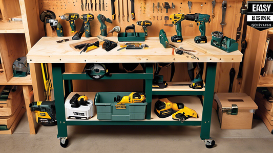 Create an image of a contractor's workbench with the top 3 power tool combo kits arranged neatly, showcasing a variety of drills, saws, and other essential tools. Each tool should be distinguishable and labeled with the brand name for easy identifica