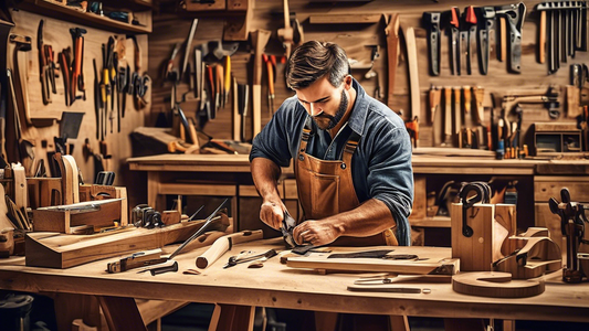 Create an image of a carpenter working on a detailed woodworking project, surrounded by various tools such as saws, hammers, chisels, and measuring tapes. Show the carpenter focused and in the zone as they practice their carpentry skills with precisi