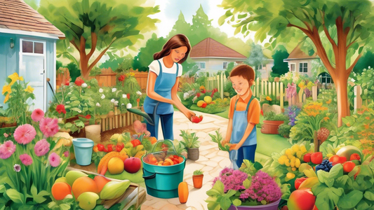 Create an image of a vibrant and lush family garden filled with a variety of fruits, vegetables, and flowers, showcasing eco-friendly gardening practices like composting, rainwater harvesting, and using natural pest control methods. The image should 