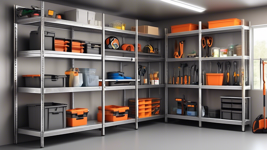 Create an image of a modern garage storage setup with sleek, rust-resistant shelves holding various tools and supplies. The shelves should be made of durable, rust-proof material like stainless steel or aluminum, and incorporate features like adjusta
