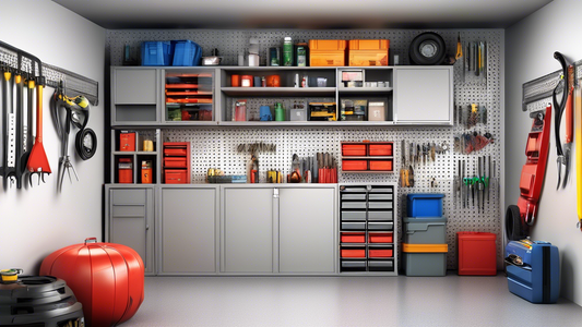 Please generate an image of a well-organized and custom-designed garage storage area showcasing various creative storage cabinet ideas to maximize space efficiency. Include shelves, drawers, hooks, and labels to indicate different storage solutions. 