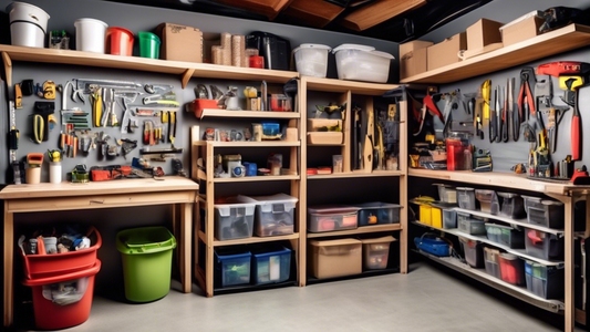 Create an image of a cluttered garage transformed into an organized space using innovative DIY storage hacks. Show before and after shots to demonstrate the impact of these clever storage solutions, such as overhead shelves, magnetic tool holders, pe