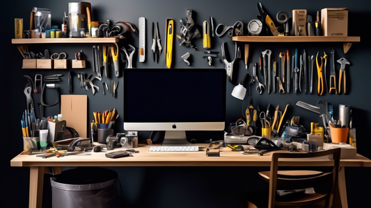 Create an image of a cluttered and disorganized workspace with old, outdated tools scattered around. Then, depict the same workspace transformed into a sleek and organized setup with new, advanced tools neatly arranged and easily accessible. The befo
