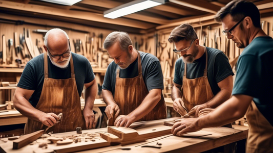 Create an image of a group of adults in a woodworking workshop, each person demonstrating a different advanced woodworking technique. Show one person meticulously carving intricate detail into a piece of wood, another person intricately assembling jo