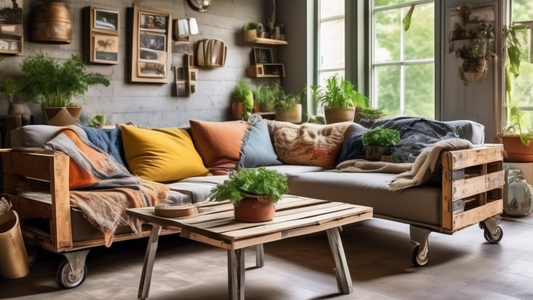 Create an image of a living room showcasing various upcycled items that have been creatively repurposed into sustainable home decor pieces. Examples could include a coffee table made from repurposed pallets, planters made from old tin cans, and artwo