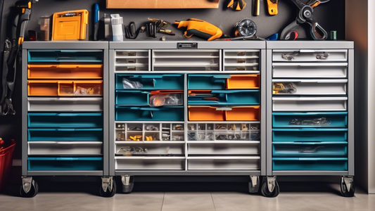 Create an image of a neatly organized garage storage drawer system featuring labeled drawers for tools, nails, screws, and other hardware items. Each drawer is easily accessible with a clear view of its contents, showcasing the efficiency and organiz