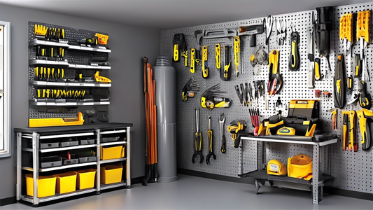 Create an image of a well-organized garage tool storage system featuring various heavy-duty organizers such as pegboards, wall-mounted racks, industrial shelving units, and labeled storage bins. Each tool organizer should be filled with a variety of 