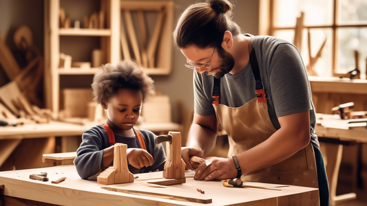 Create an image of a parent teaching their child carpentry skills, with tools and materials such as wood, hammer, nails, and saws in a workshop setting. The parent is patiently guiding the child through the process of building a simple wooden project
