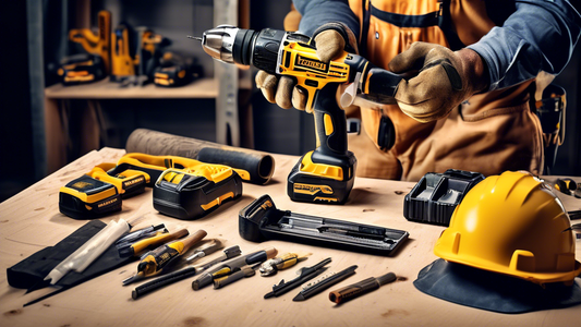 Create an image of a contractor working on a construction site with a top-of-the-line cordless power tool set, showcasing a variety of different tools such as drills, saws, and screwdrivers, all neatly organized and ready for use. The contractor shou