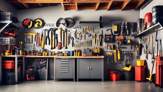 Create an image of a well-organized garage with innovative tool storage solutions. Show a variety of tools neatly arranged on walls, pegboards, shelves, and cabinets, showcasing creative and efficient ways to keep a garage space clutter-free.