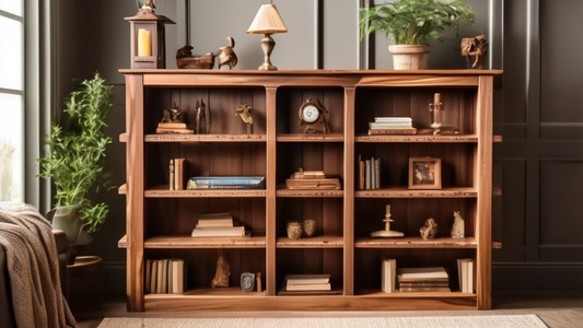Create an image of a beautifully crafted wooden bookshelf, showcasing intricate joinery techniques with dovetail joints and mortise and tenon connections. The bookshelf should be elegantly displayed in a well-lit room, surrounded by various home deco