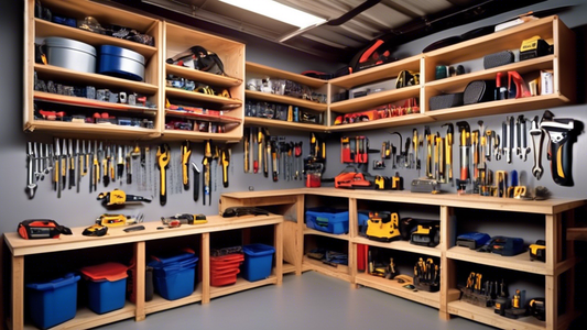 Create an image of a well-organized garage with a variety of tools neatly arranged on garage shelving systems. Show different types of tools such as hammers, screwdrivers, wrenches, and power tools displayed on the shelves in an orderly manner, showc