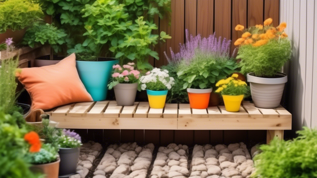 Create an image of a cozy backyard garden with a variety of simple DIY projects, such as a raised garden bed, colorful flower pots, a small herb garden, and a rustic wooden bench for relaxing. Show how DIY enthusiasts can transform their outdoor spac