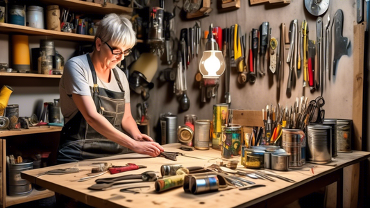 Create an image of a workshop filled with various upcycled items such as a bench made from old pallets, a lampshade crafted from tin cans, a wall hanging made from repurposed clothing, and other upcycled creations. Show the DIY enthusiast hard at wor