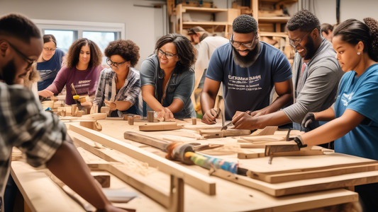 Create an image of a diverse group of educators and parents participating in a carpentry workshop together, collaborating on building projects and learning new skills. The workshop setting should be filled with tools, materials, and creative energy, 