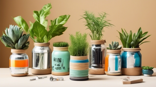 Create an image of a busy parent repurposing household items into new and creative upcycled items. Show them engaged in upcycling activities such as turning old jars into plant pots, transforming old t-shirts into tote bags, and repurposing wooden cr